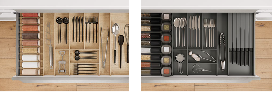 new cutlery trays in oak and slate grey by Nobilia